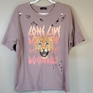 Zutter USA Distressed Graphic Tee with Leopard Print, Long Live Rock & Roll. Med